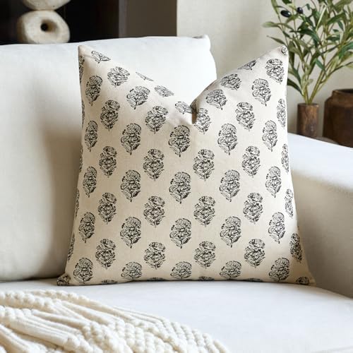 FIOUOVO Floral Vintage Throw Pillow Covers 18x18 Pillow Cover Block Print Decorative Cushion Covers Farmhouse Neutral Accent Home Décor for Sofa Couch Living Room Bedroom, 1PC, Charcoal Black