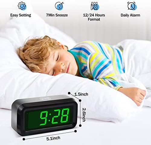 Digital Alarm Clock Battery Operated with LED Display for Bedrooms, Long Battery Life for 12 Months, 3 Brightness Adjustable, 12/24 Hour, Snooze, Black Case with Green Digits