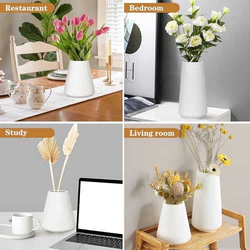 White Ceramic Vase, GUKJOB Small Cute Flower Vase for Pampas Grass, Home, Living Room, Dining Table, Farmhouse, Office Decor, Bedroom, Table, and Kitchen Shelf (White- 2PCS)