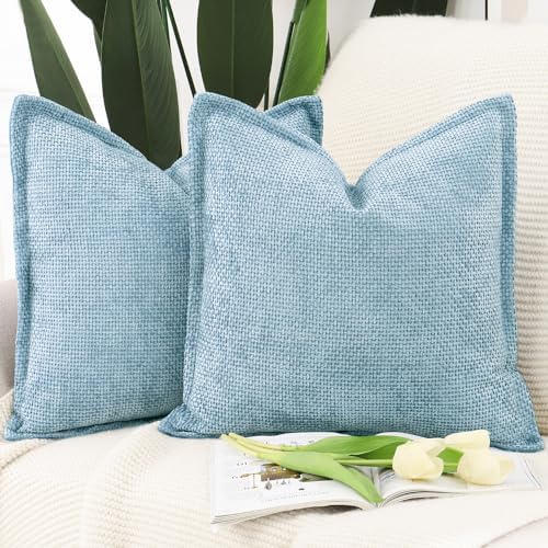 MADIZZ Decorative Chenille Velvet Throw Pillow Covers Set of 2 Soft Boho Textured Neutral Couch Throw Pillow for Bed Modern Farmhouse Home Decor for Sofa Livingroom Light Blue 18x18 Inch