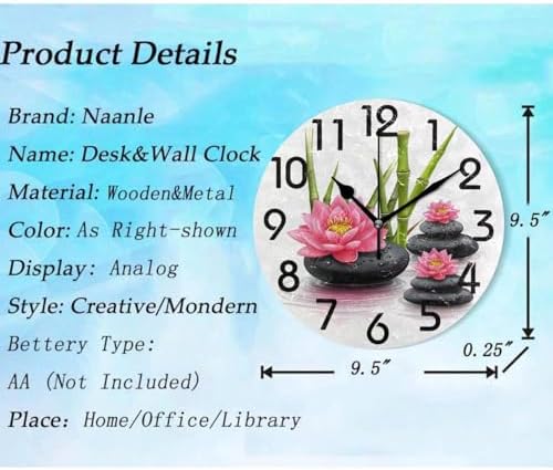 Naanle 3D Beautiful Bamboo and Stones on Water Print Round Wall Clock Decorative, 9.5 Inch Battery Operated Quartz Analog Quiet Desk Clock for Home,Office,School