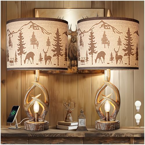 Scenekoy Antlers Rustic Table Lamp Set of 2 with Night Light for Bedroom