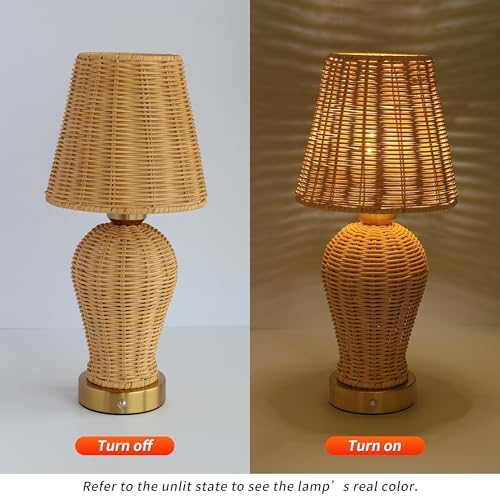 Boho Rattan Rechargeable Cordless Table Lamp, Touch Dimmable Battery Operated Table Light, for Patio Restaurant Kitchen Dining Room (Rattan Lampshade)