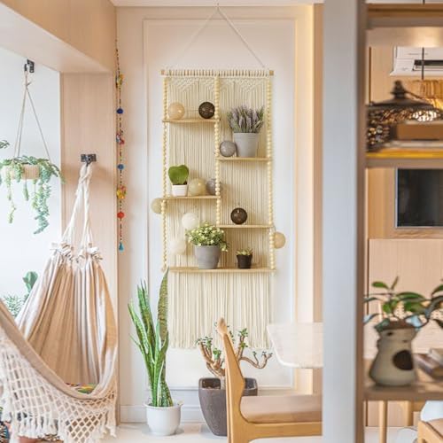 Macrame Wall Shelf Boho Hanging Organizer Floating Plant Shelf 11.8"W*47"L