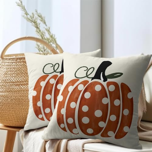 Fall Pumpkin Throw Pillow Cover 18x18 Inch Set of 2 Autumn Orange Pumpkin Outdoor Pillow Cases Polka Dot Beige Thanksgiving Farmhouse Square Cushion Covers for Sofa Couch Porch Patio Home Decor