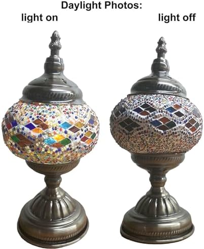 SILVERFEVER Handcrafted Mosaic Turkish Lamp Moroccan Glass Table Desk Bedside Light Bronze Base with E12 Bulb Multicolored Glass Mosaic(Dark Purple Wave)