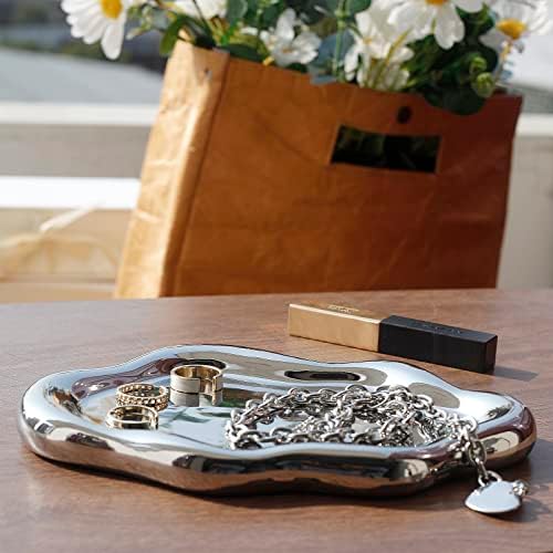 Jewelry Dish Trinket Tray for Women, Ring Dish Holder, Unique Cloud Shape Ceramic Plate Cute Things Vanity Aesthetic Room Decor Mother's Day Birthday (Silver)