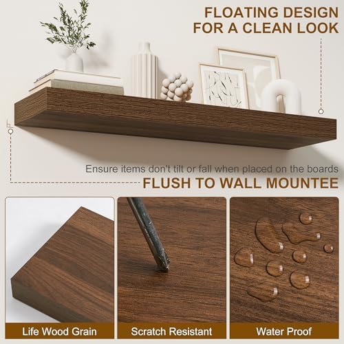 Fun Memories Floating Shelves for Wall, 24 Inch Floating Shelves Set of 2, Hanging Shelf with Invisible Brackets, Wood Shelves for Living Room, Bedroom, Kitchen, Walnut