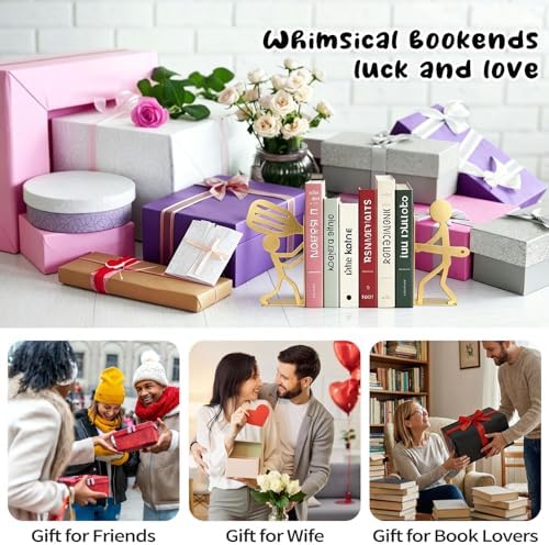 ENCIMART People Gold Bookends Decorative Metal Book Ends for Shelves