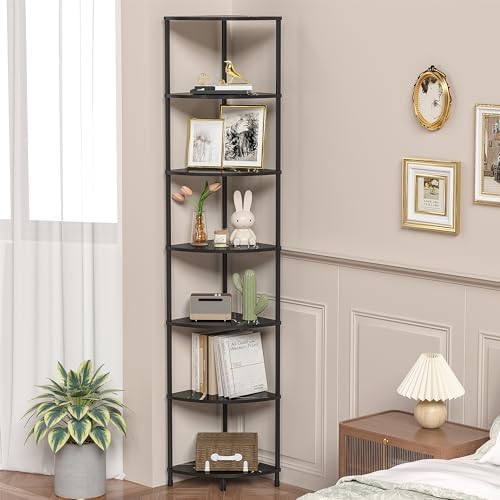 7 Tier Corner Book Shelf, 64.7", Marble Black