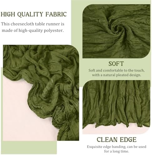 2 Pack 120 Inch Olive Green Cheesecloth Table Runner Boho Rustic Gauze Sheer Romantic 10 FT Long Cheese Cloth Table Runner for Bridal Baby Shower Wedding Party Birthday Holiday Home Easter Decor