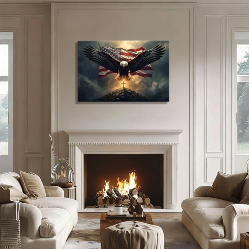 Patriotic Bald Eagle with US Flag & Cross Canvas Wall Art, Christian 4th of July Patriotic Wall Decor, Framed Inspirational Canvas Prints, Independence Day Pictures for Office, Bedroom