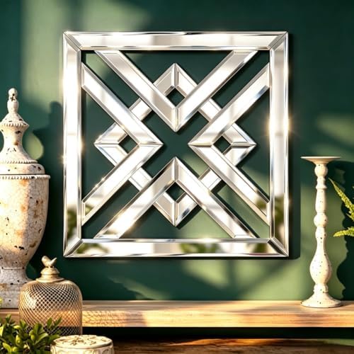 QMDECOR 12x12 Inch Geometric Wall Mirror with Beveled Edge - Modern Silver Decorative Mirror for Living Room, Entryway, Hallway & Bedroom - Durable Black MDF Backing with 3 Hanging Hooks