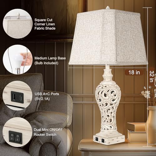 LuxSight Collection 32" Table Lamp Set of 2 with Nightlight and 2 USB Ports