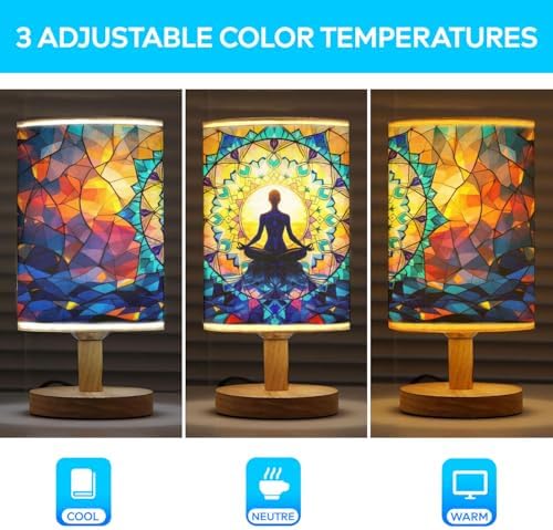 Yoga Table Lamp LED 3-Color Pressed Bedside, Yoga Shade Lamp with Wood Base for Bedroom Living Room Desk Office TL01