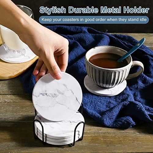 Absorbent Coasters for Drinks,Ceramic Coaster Set of 6 with Holder Durable
