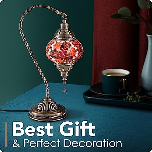 Yarra-Decor Turkish Moroccan Lamp with Bronze Base 3 Color Options Handmade Swan Neck Mosaic Glass Bedside Lamps for Bedroom (LED Bulb Included)(Red2)