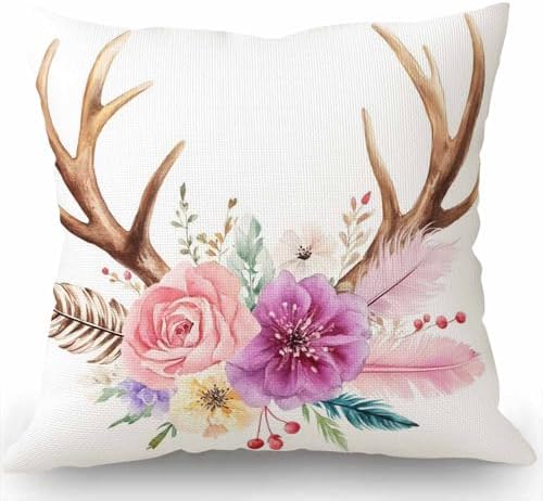 Swono Watercolor Floral Boho Pillow Decorative Pillow Cover Vintage Deer Horns with Flowers Throw Pillow Case Cotton Linen French Decor Rustic Cushion Cover for Sofa Couch 18x18 Inch