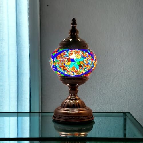 SILVERFEVER Handcrafted Mosaic Turkish Lamp Moroccan Glass Table Desk Bedside Light Bronze Base with E12 Bulb (Bright Starburts)