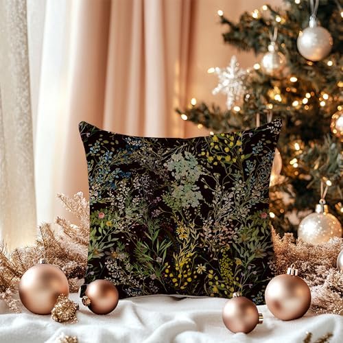 Dark Cottagecore Plant Floral Pillow Covers 18x18 Double-Sided, Flower Room Decor, Vintage Rustic Maximalist Colorful Wildflower Botanical Decorative Throw Pillow Covers