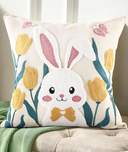 Easter Pillow Cover 18x18 Inch – Embroidered Spring Throw Pillow Cover Rabbit Tulip Floral Farmhouse Decorative Easter Cushion Case with Hidden Zipper for Couch, Sofa, or Living Room(1 Pack)