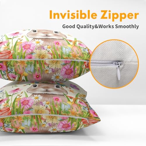 Easter Rabbit Throw Pillow Covers 24x24 Inch Set of 2 Cute Bunny Cotton Linen Square Cushion Case Spring Colorful Floral Easter Theme Decorative Pillowcase for Home Bench Couch Sofa