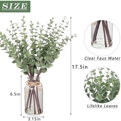 17.5" Artificial Eucalyptus Stems in Glass Vase with Faux Water(Sage Green)