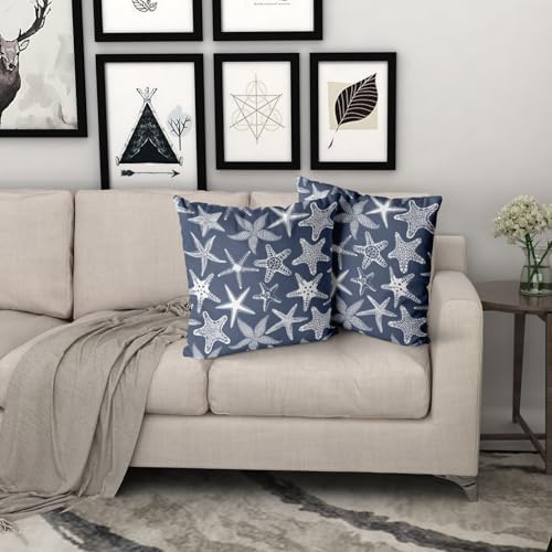Giwawa Nautical Starfish Throw Pillow Covers 16"x16" Navy Blue Coastal Beach Themed Decorative Cotton Pillow Cases Summer Ocean Cushion Covers Set of 2 for Sofa Couch Bedding Living Room