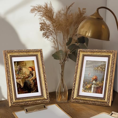 eletecpro 5x7 Vintage Picture Frame, Glass Cover, Bronze Gold, 2-Pack