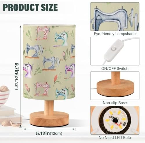 Table Lamp Watercolor Sewing Machine and Floral Pattern Nightstand Lamp with Wood Base Fabric Lamp Shade Bedside Desk Lamp for Living Room Bedroom Kids Room Office