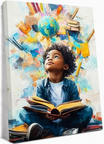 Black Boy Reading Canvas Wall Art Inspirational Books For African American Boys Painting Picture Wall Decor African Boy Poster Print Artwork for Teenagers' Living Room Study Home Decoration 12x16in