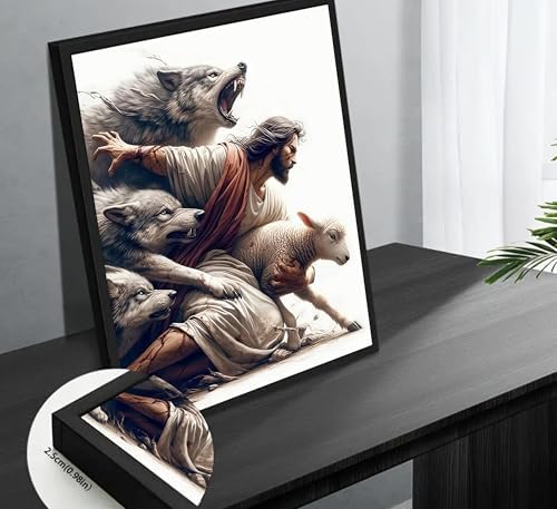 MALEDO Black Framed Jesus and Lamb Canvas Wall Art Jesus Saves the Lost Sheep Christian Picture Wall Decor Shepherd Protect a Lamb from Wolves Painting Poster Print Artwork for Living Room Church