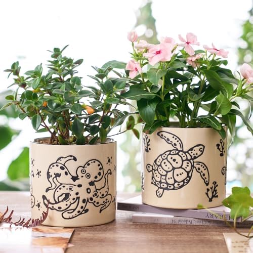 STHIE 5 Inch Ceramic Plant Pots for Indoor Plant with Drainage Hole, Octopu