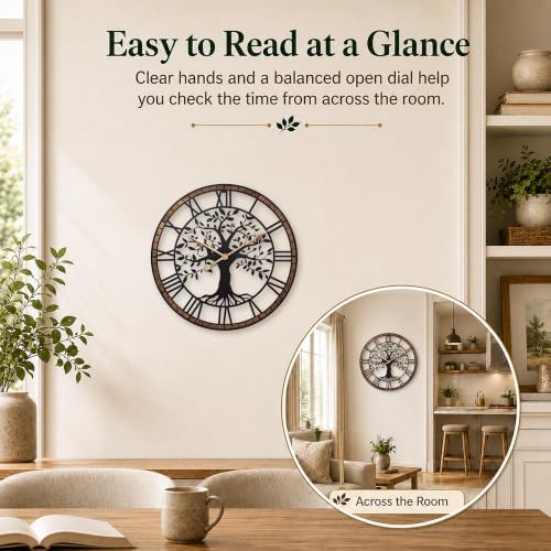 16 Inch Roman Numerals Tree Wall Clock for Living Room Decor,Wood Frame