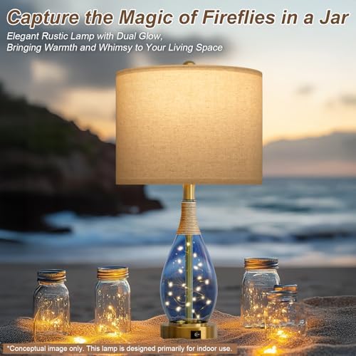 OYEARS 23" Table Lamps for Living Room Set of 2 Bedside Lamps for Night Stands Bedroom Lamps Farmhouse Rattan Boho Lamp Glass Nightlight End Table Lamp with USB C+A (Blue),Two Light Points