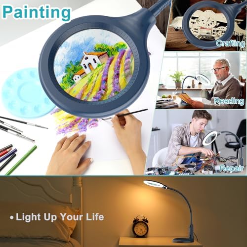 10X Magnifying Glass with Light and Clamp, 5 Color Modes Stepless Dimmable Lighted Magnifier with Stand, Flexible Gooseneck LED Desk Lamp Hands Free for Craft Painting Hobby Close Work - Blue