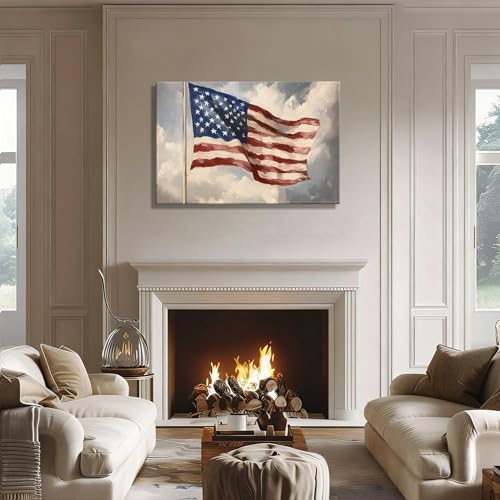 Vintage American Flag Framed Canvas Wall Art 20x30in, Patriotic Oil Painting Canvas Print, 4th of July Independence Day Wall Decor for Living Room, Bedroom, Office, Made in USA