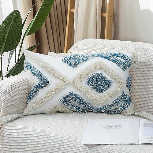Merrycolor Boho Throw Pillow Covers 12x20 Blue Decorative Lumbar Pillow Covers with Tassels for Couch Bed Sofa Textured Tufted Pillow Covers, Light Blue and White