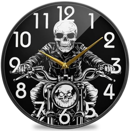 Naanle Chic Skull Guy Riding Motorcycle Round Wall Clock, 9.5 Inch Silent Battery Operated Quartz Analog Quiet Desk Clock for Home,Office,School