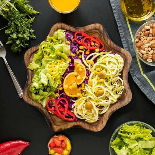 Natural Wooden Tray, Serving Bowl for Salad, Veggies and Fruits, Large Deep Tray for Family, Party (Octagonal Bowl)
