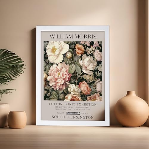 Poster Master William Morris Poster - Pink Peonies Print - Flower Art - Botanical Art - Exhibition Illustration - Textile Pattern Illustration - Floral Illustration - Aesthetic Office or Bedroom Decor - 16x20 White Framed