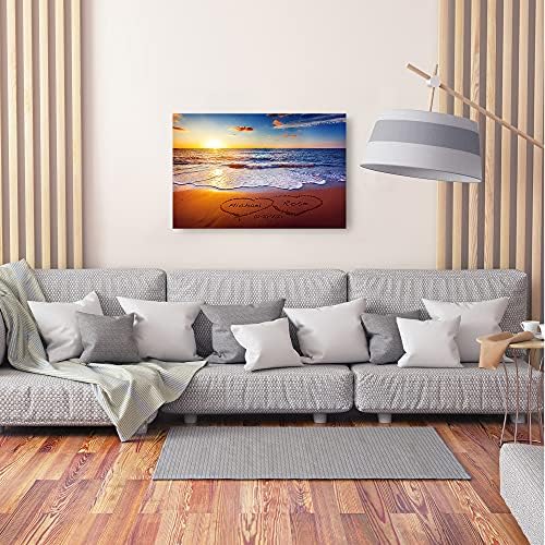 Love on Beach Heart in Heart Personalized Canvas Prints Artwork with Couple's Names and Date on,Perfect Love Gift for Anniversary,Wedding,Birthday and Holidays.24X36 inches