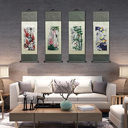 AtfArt Asian Wall Decor Beautiful Silk Scroll Painting 4 Righteous Men Flowers - Plum Orchid Bamboo Chrysanthemum Oriental Decor Chinese Art Wall Scroll Hanging Painting Scroll (Chrysanthemum)