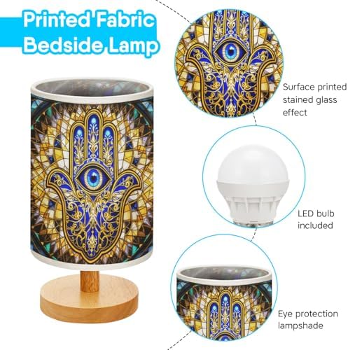 Hamsa Hand Table Lamp LED 3-Color Pressed Bedside, Hamsa Hand Shade Lamp with Wood Base for Bedroom Living Room Desk Office TL01