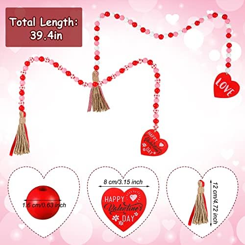 2 Pieces Valentines Day Wood Bead Garland with Tassels,Rustic Wooden Beads Garland Hanging Wooden Love Heart Ornaments Tiered Tray Decorations Wall Hanging Decor