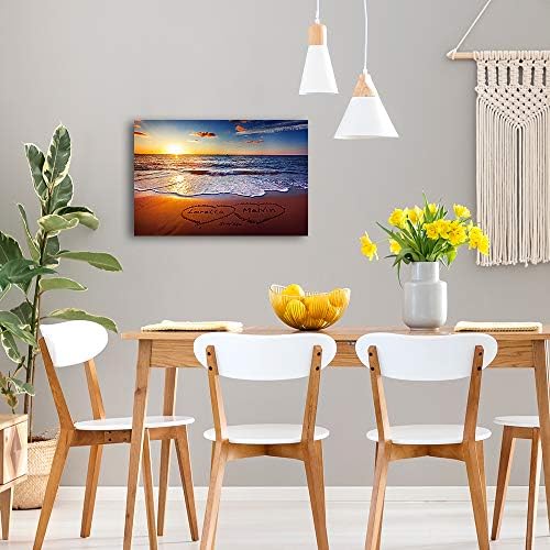 Love on Beach Heart in Heart Personalized Canvas Prints Artwork with Couple's Names and Date on,Perfect Love Gift for Anniversary,Wedding,Birthday and Holidays. 24x16 inches