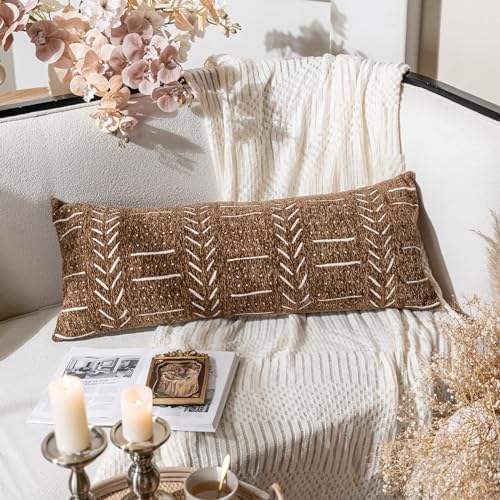 BlissBlush Boho Lumbar Throw Pillow Cover 14X36, Brown Decorative Long Accent Body Lumbar Pillow for Bed, Farmhouse Woven Textured Lumbar Pillowcase for Couch (Cover ONLY)
