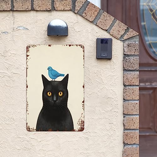 Funny Metal Tin Sign Cat With Blue Bird - Vintage Wall Art for Living Room, Bathroom, Kitchen - Humorous Home Decor Poster - Man Cave Decoration 12x8 Inches(4038)