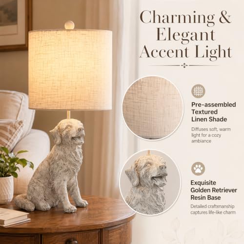 24.75" Sitting Golden Retriever Lamp, Whitewash, Textured Linen Shade
