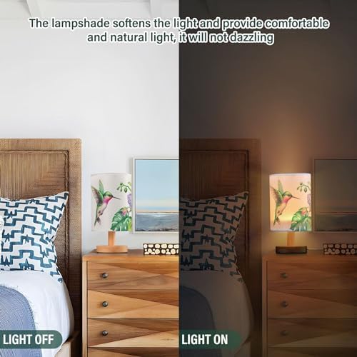Table Lamp Flying Hummingbird Nature Tropical Orchid Flower Jungle Leaves Nightstand Lamp with Wood Base Fabric Lamp Shade Bedside Desk Lamp for Living Room Bedroom Kids Room Office
